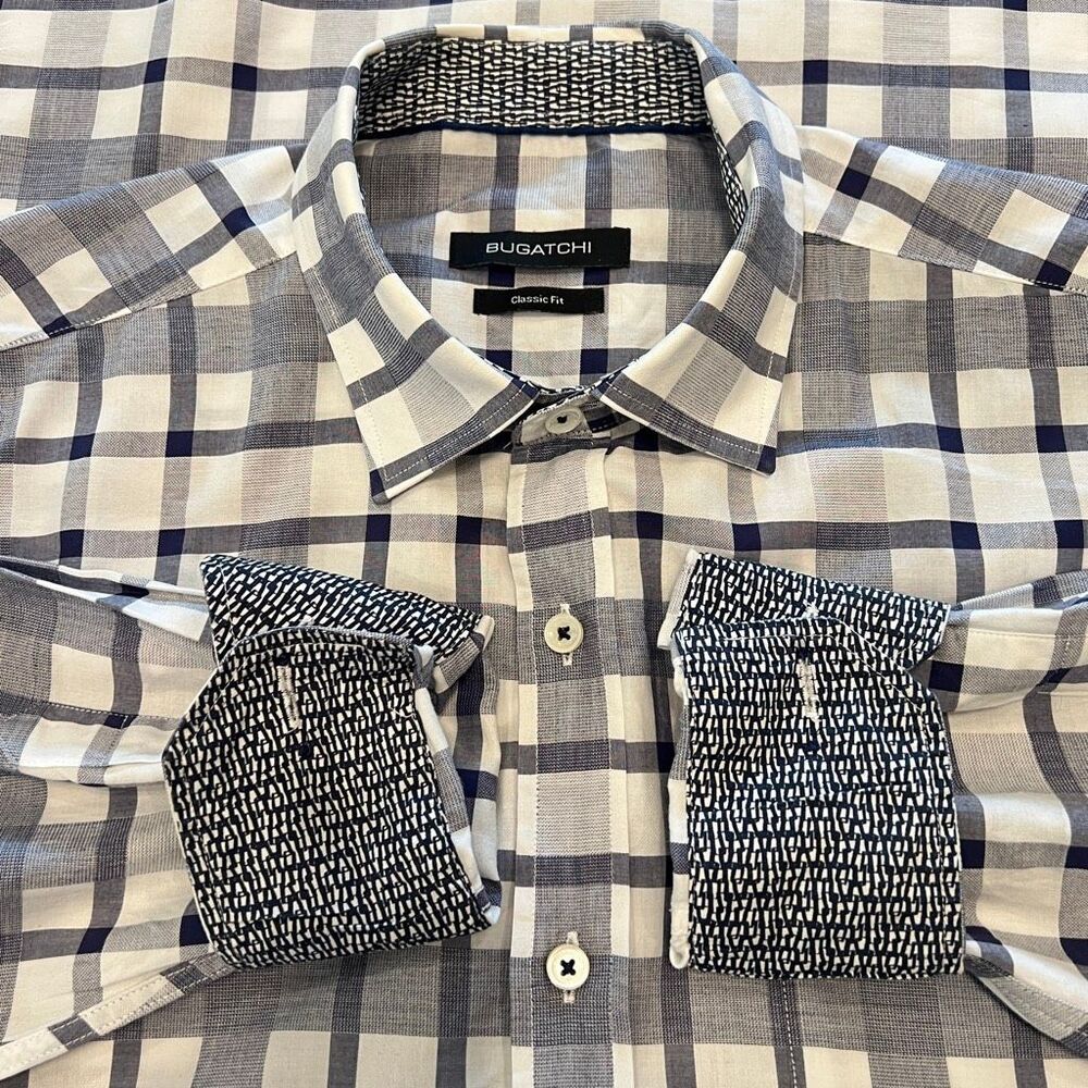 Bugatchi Mens Plaid Classic Fit Long Sleeve Cotton Button-up Shirt Gray White XL